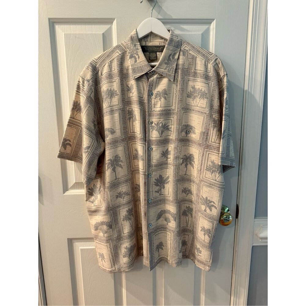 Tori Richard Cream & Gray Palm Tree Print 100% Silk Button Down Shirt sz L NWOT